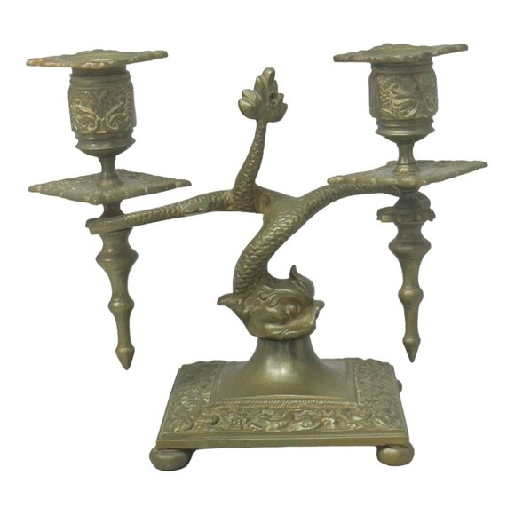 Pair of Antique Brass Asian Dragon/ Koi Fish Double Candle Holders 7" H x 8" W - Picture 12 of 12